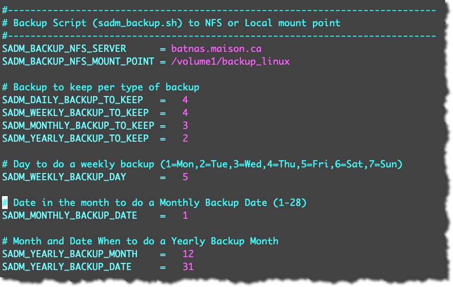 Backup parameters in sadmin.cfg