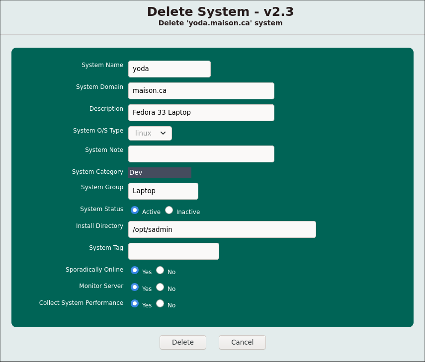 Delete System Screen